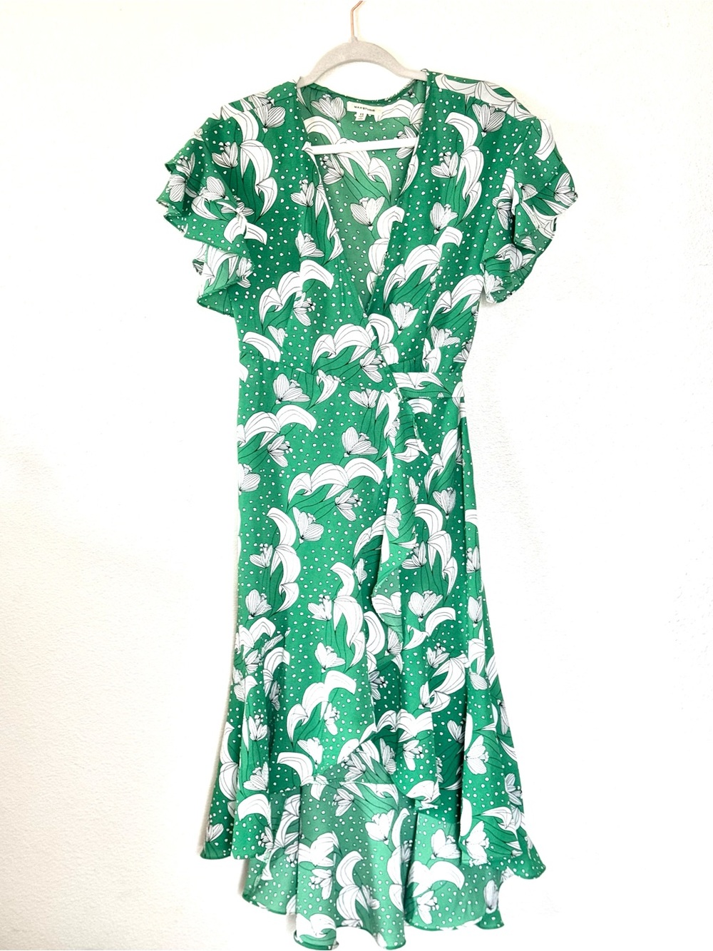 Max Studio Green Floral Print Ruffle Wrap Dress High Low Midi Flutter Sleeve XS - Picture 2 of 11